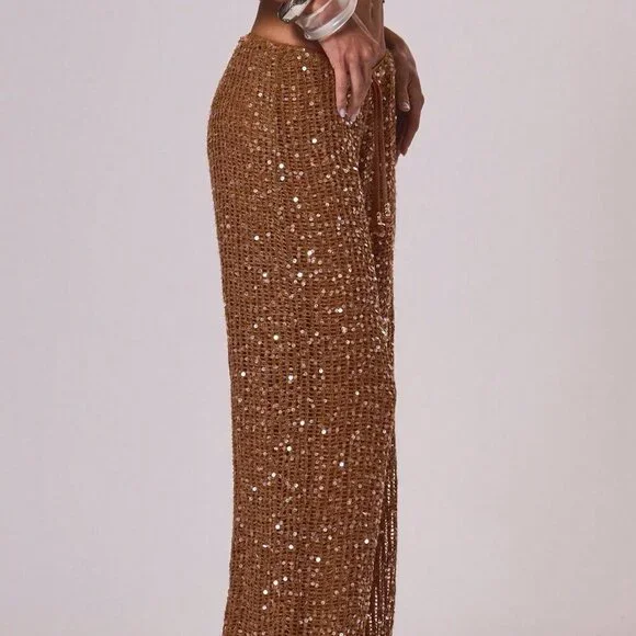 Rust Brown Women's ResortDrawstring Waist Sequin Relaxed Wide Leg pants
